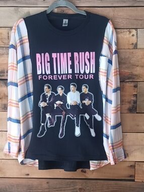 Upcycled Big Time Rush Forever Tour Graphic Plaid Sleeve Tee - Black & Pink